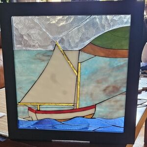 Sailboat Stained Glass Art in Black Frame